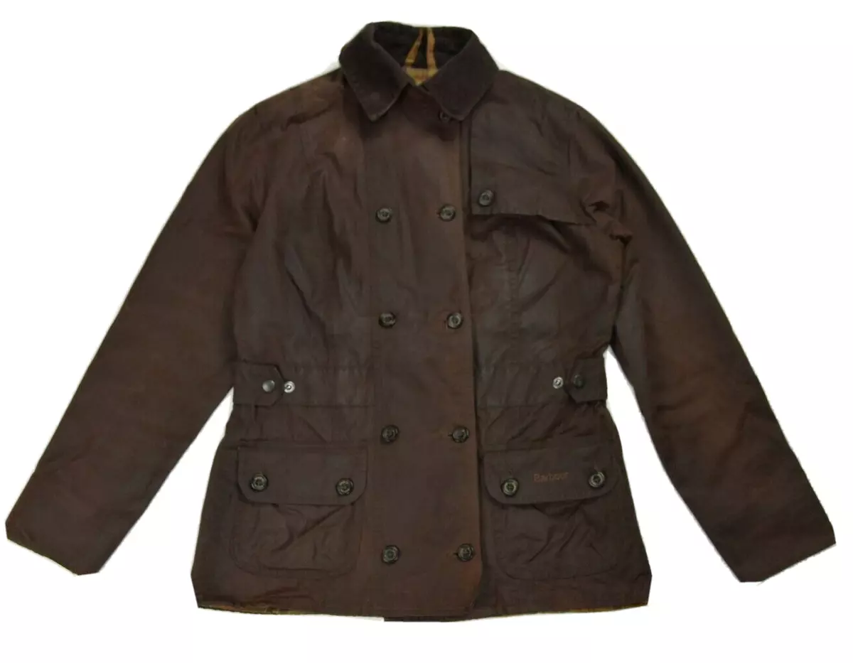 BARBOUR jacket wax double breasted brown buttoned uk10 eu36 us6