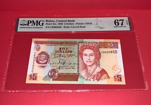 PMG Belize, Central Bank $5 Banknote 1999 p61a Superb Gem UNC 67 EPQ