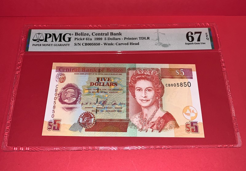 PMG Belize, Central Bank $5 Banknote 1999 p61a Superb Gem UNC 67 EPQ