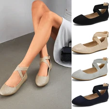 Women Ballet Flats Round Toe Elastic Ankle Strap Slip On Office Work Flat Shoes