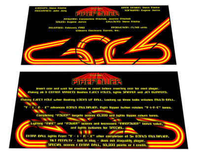 Williams Firepower Pinball Custom Apron Instruction Cards v2