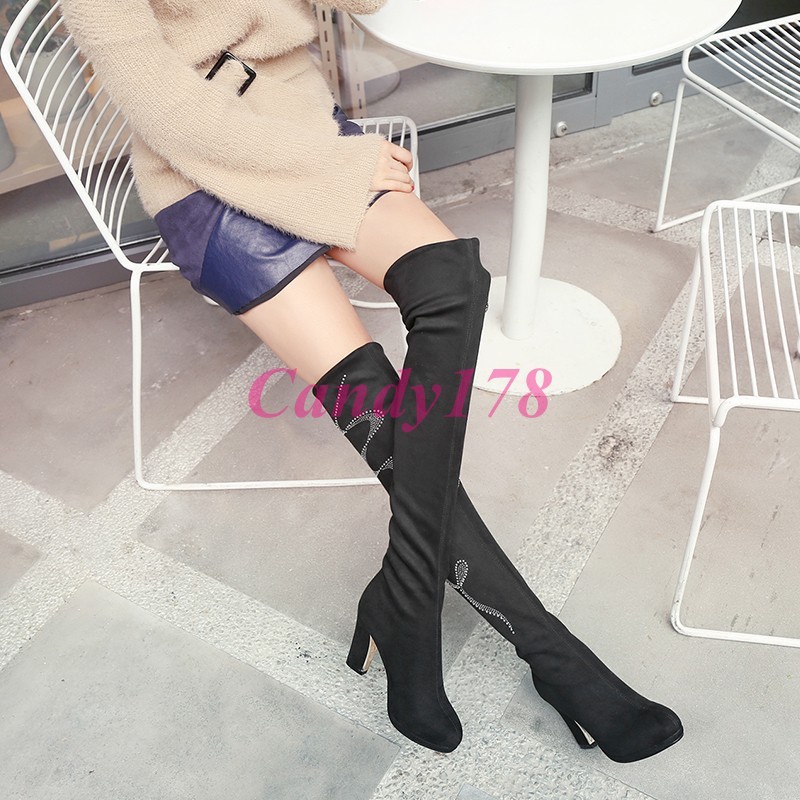 Embroidery Ladies Pumps High Heels Chunky Over Knee Boots Elastic Elastic Elastic Fabric Suede 909190 Embroidery Ladies Pumps High Heels Chunky Over Knee Boots Elastic Elastic Elastic Fabric Suede 909190