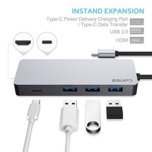 EQUIPD USB C HUB Type-C Adapter 4K HDMI USB 3.0 Charging for Macbook Pro & More - Picture 24 of 26