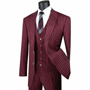 VINCI Men's Burgundy Gangster Stripe 3 Piece 2 Button Classic Fit Suit NEW 