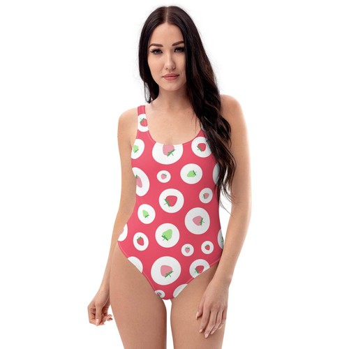 Red Green & White Polka Dot Strawberries Pattern One-Piece Swimsuit - Picture 4 of 8