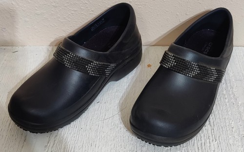 CROCS Neria Pro II Clogs Rhinestone Band Black Women's Size 6 Slip On Work Shoes - Picture 2 of 6