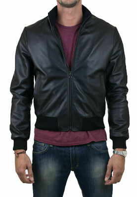 Herren Stilvolle Schwarze Bomberjacke Echtes Lammleder Slim Fit Bikerjacke
