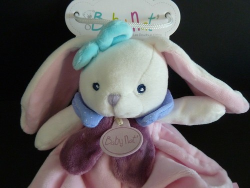 *. Doudou plat Baby Nat Berry BN0242 lapin rose blanc bleu mure 100% Neuf - Picture 4 of 6
