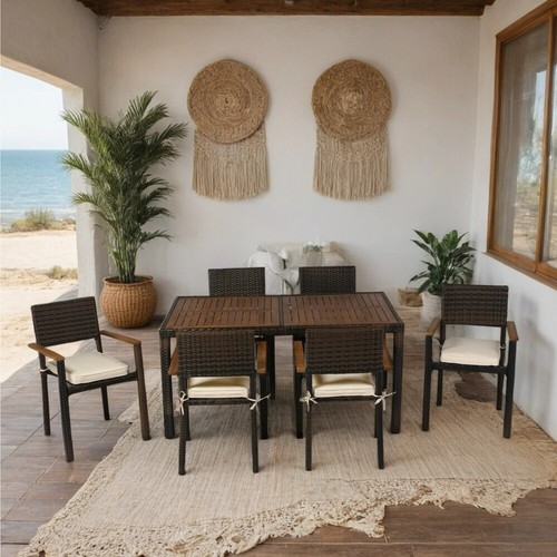 7 piece Outdoor Patio Set Patio Wicker Furniture Acacia Wood Top Brown Wicker - Picture 14 of 16