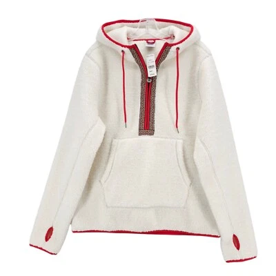 NWT BROOKS BROTHERS Teddy Fleece Hoodie Faux Sherpa White Red Trim MEDIUM - Image 1 of 4