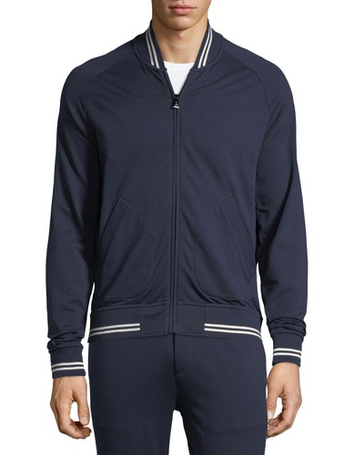 $595 Ralph Lauren Purple Label Slim Zip Lux Fleece Varsity Stripe Track Jacket - Picture 3 of 4