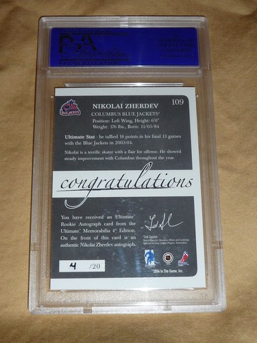2003-04 BAP Ultimate Memorabilia Nikolai Zherdev Autograph GOLD 4/20 PSA10 POP2 - Picture 2 of 2