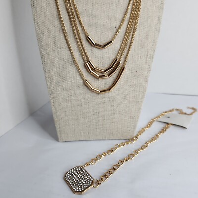 Gold Tone Necklace Lot of 2   Rhinestone Pendant & Layered Bar Chain, 18  + 22 