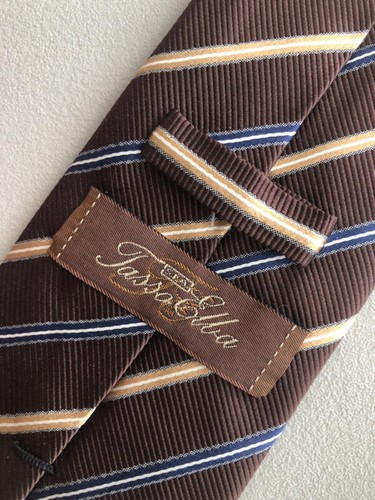 TASSO ELBA EUC Brown Gold Blue White Striped Silk Tie 58½ x 4 - Picture 3 of 5