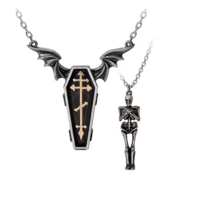 Alchemy Gothic P970 Undying Homage 2pc Necklace Pendant Skeleton Coffin Wings