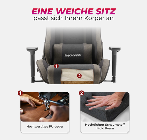 MaxPodium Tactical Gaming Stuhl | Ergonomischer Breiter Bürostuhl | Stoff, Grau - Bild 10 von 14