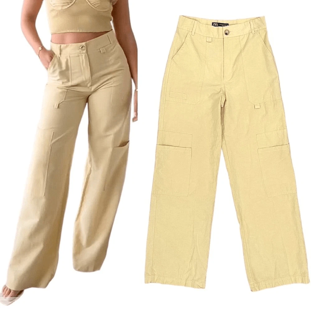 Zara High-Rise Wide Leg Linen Blend Cargo Pants Vanilla Bean Pale Yellow  Beige