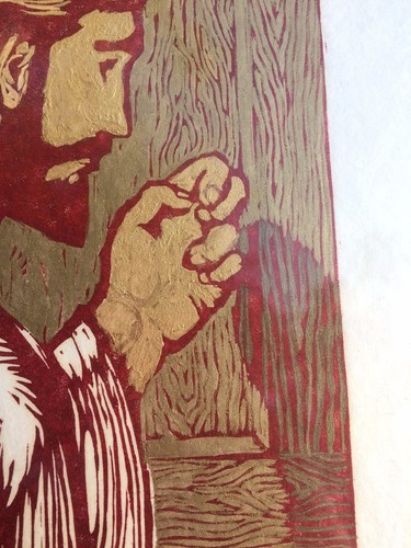 Phero Thomas Jesus Christ Knocking Wood Carving Screen Print in Red Gold 14 x 8 - Picture 4 of 9