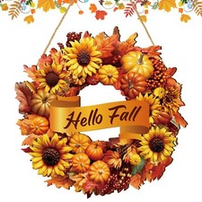 Rustic Fall Wooden Wreath - Welcome Autumn Door Sign with Maple Leaves