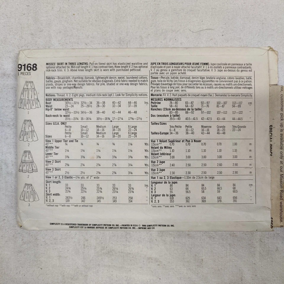 1989 Simplicity Sewing Pattern 9168 Misses' Skirt Adult Womens Size 6-24 Uncut - Image 2 of 4