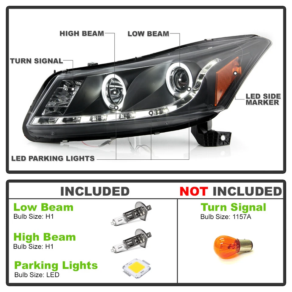 For Black 2008-2012 Honda Accord 4Dr Halo Projector Headlight w/LED Running Lamp - Imagem 3 de 4