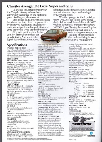 Chrysler Avenger Saloon 1977 UK Market Single Sheet Sales Brochure DL Super GLS - Picture 2 of 2