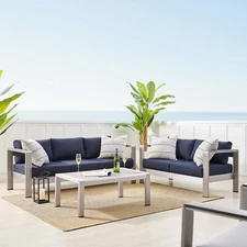 Modway Shore Aluminum Sunbrella® Fabric 3-Piece Outdoor Patio Set in Silver Navy