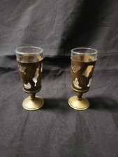Vintage Pair Mexican Brass Overlay Cordial Shot Glasses Etched Floral Design