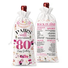 80th Birthday Wine Bag, White Pink, 80 Year Olds Gifts, Pairs Well Turning 80