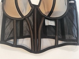 French KIss bustier corset Top Black over nude bust Eyehook clasps in back, S/M