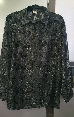 Vintage Black Burnout Blouse Tunic Shirt EU44 UK16 US12 Shiny Floral Whimsigoth