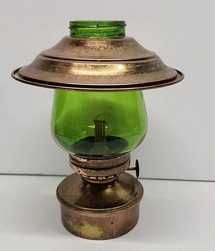 VINTAGE Copper Brass Oil Lamp Lantern Green Glass 6.5” AS-IS