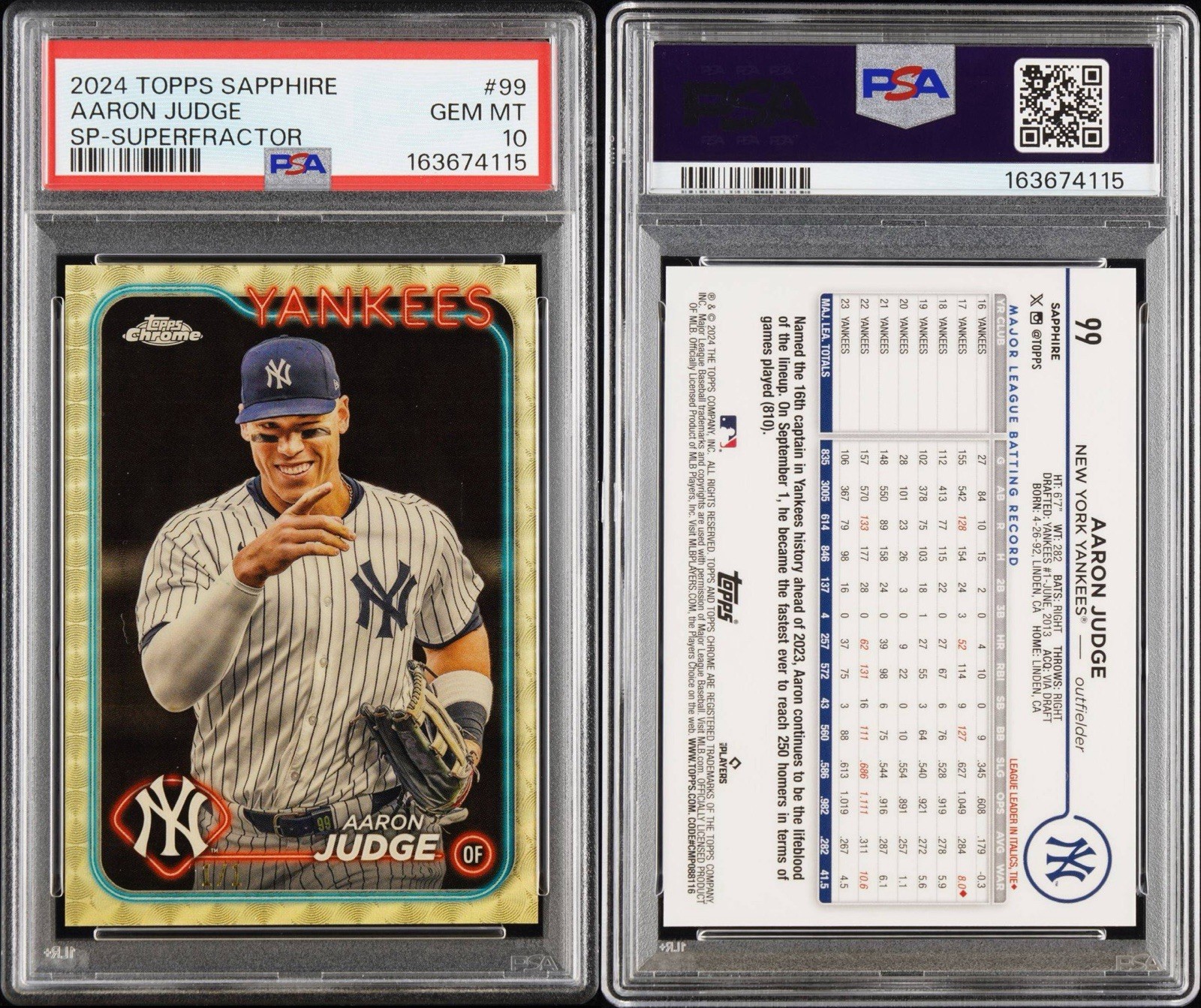 2024 Topps Sapphire Aaron Judge Sp Superfractor 1/1 PSA 10 Gem Mint view 3