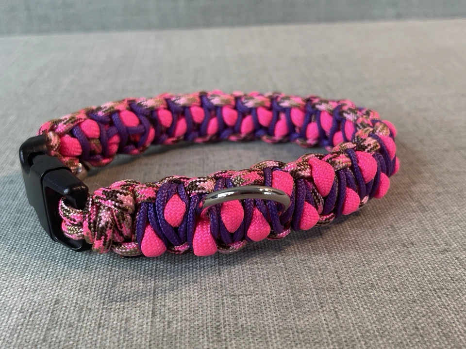 Collar de perro Paracord tamaño pequeño 12" pulgadas de largo rosa y púrpura cierre de clip Foto 4 de 4