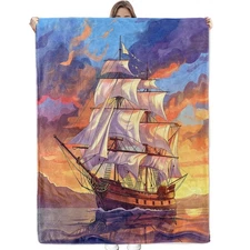 Vintage Sailing Ship Throw Flannel Blanket,Warm and Lightweight Decorative Bl...