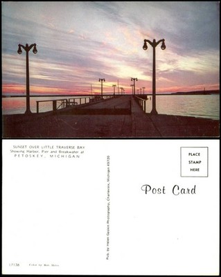 Sunset Little Traverse Bay harbor pier breakwater Petoskey Michigan MI 1970s