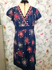 Mantaray Shift Dress V-Neck Embroidered Floral Cotton Knee Length Size 10