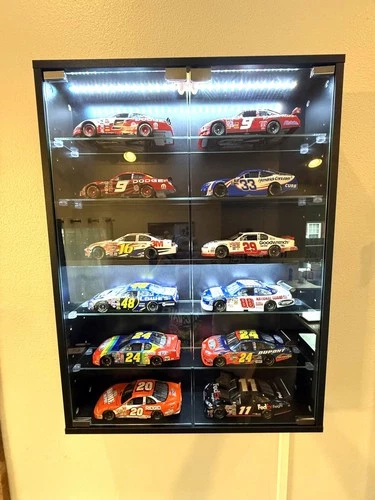 Car Display Case 1/24 Diecast Model LED Light Minifigures NASCAR Wall Cabinet