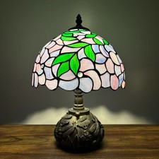 Tiffany Style Table Lamp Green Leaves Purple Stained Glass LED Bulb Include 14"H