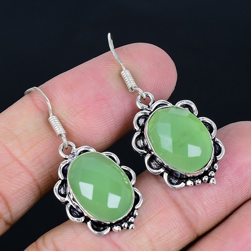 Green Chalcedony 925 Silver Plated Handmade Earrings of 1.66"