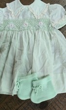 Polly Flinders Hand Smocked Mint Green Baby Dress Booties Floral Lace Collar