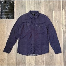 Vintage Guess Navy Blue Tonal Plaid Snap Button Long Sleeve Shirt Mens Large Y2K