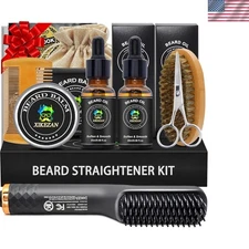 Luxury Beard Grooming Kit: Straightening Set with Oils & Balm - Perfect Gift