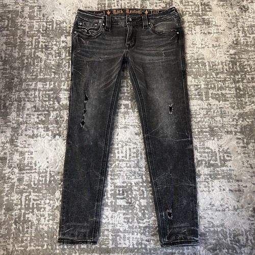 Rock Revival Women’s Celinda Skinny Low Rise Distressed Black Denim Jeans Sz 31