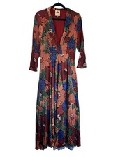 Farm Rio Stitched Flowers Floral Maxi Dress Medium Rayon Long Sleeve Boho