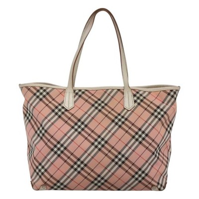 BURBERRY Nova Check Blue Label Tote Bag Nylon Pink White Silver