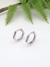 925 Sterling Silver Plain Hexagon Huggie Hoop Earrings 12mm/9mm x1.5mm Men Women