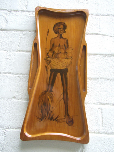 Vintage Wooden Serving Pine Tray with Aboriginal Man Holding Fruit Portrait, - Bild 5 von 6