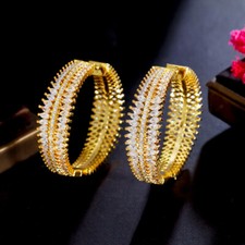 Dazzling Cubic Zircon Gold Plated Wide Hoop Earrings Women Wedding Party Jewelry