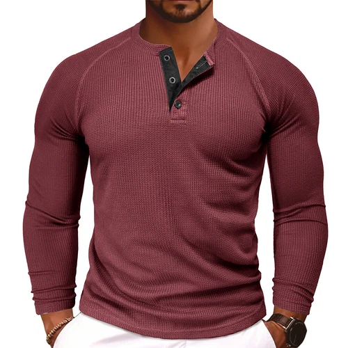 Mens Ribbed Henley Shirts Long Sleeve Button Grandad Plain Casual Tops T-Shirt - Picture 6 of 34